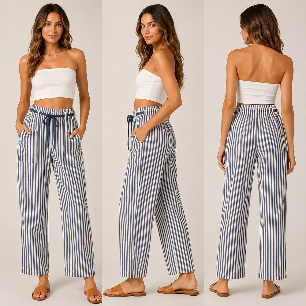 NWT Vici Blue White Striped Paperbag Drawstring Utility Pants Size S